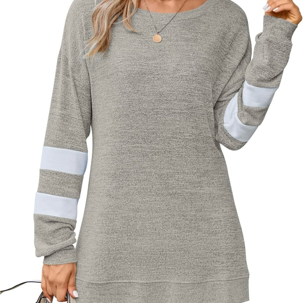 Casual Tan Tunic Top with White Sleeve Stripes